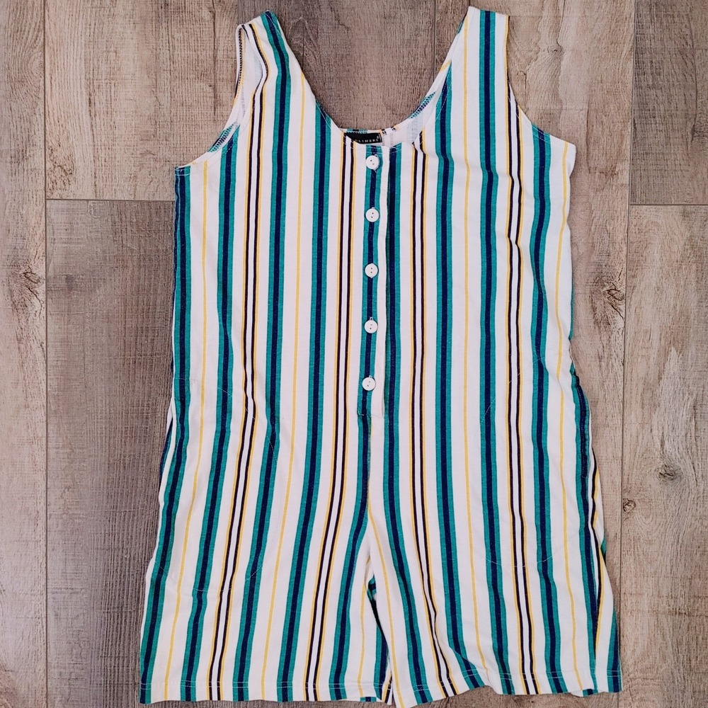 80s Vintage Headliners Striped Romper Women Medium 100% Cotton Casual Streetwear